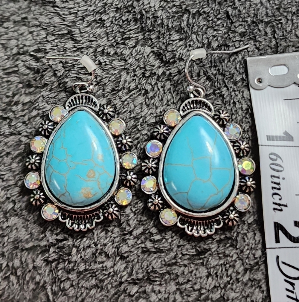 Turquoise and Silver Teardrop Earrings with Iridescent Crystals - Picture 4 of 7